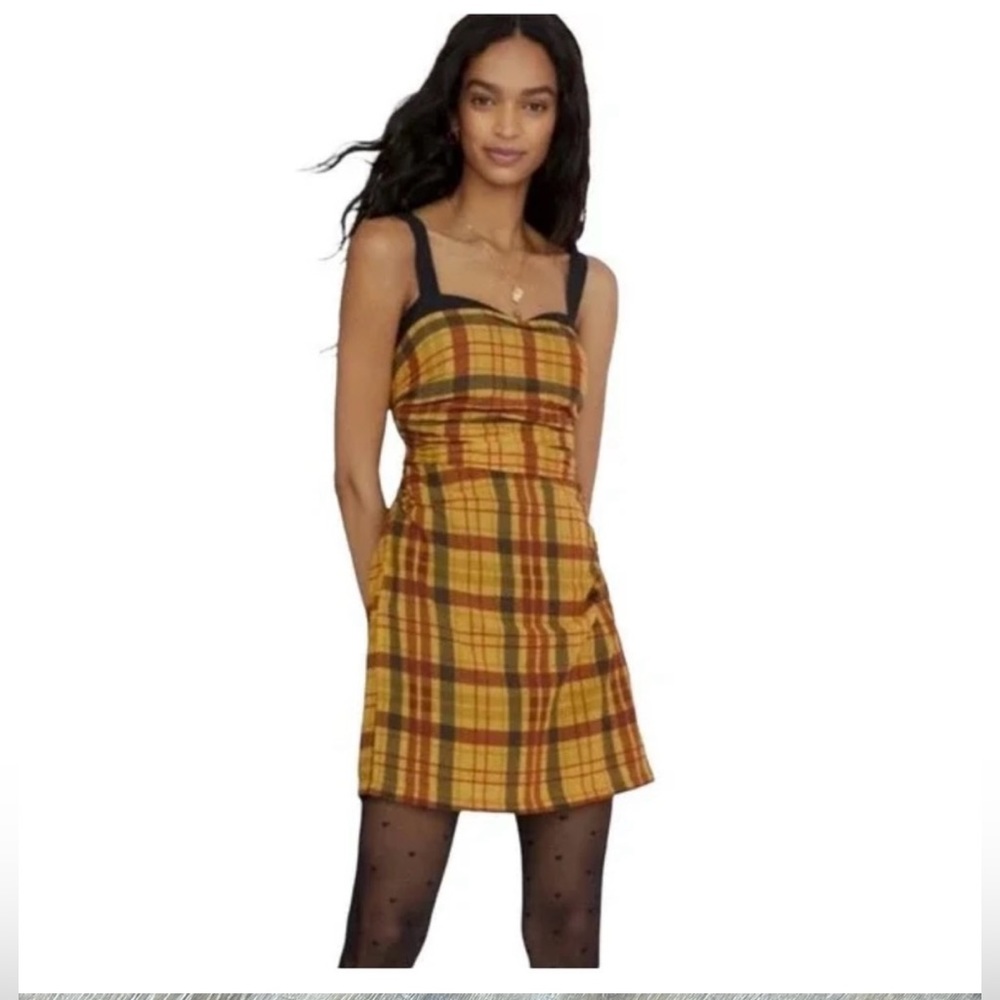 ANTHROPOLOGIE LET ME BE ME YELLOW PLAID LINED STRAPS MINI DRESS